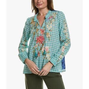 NEW Johnny Was Workshop Nalina Ruffle Silk Scarf Back Embroidered Boho Blouse